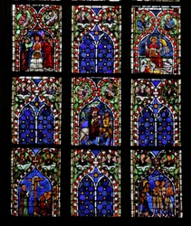 Window depicting the Baptism of Jordan, the Resurrection, Flight into Egypt, the Brazen Serpent, Gideon
